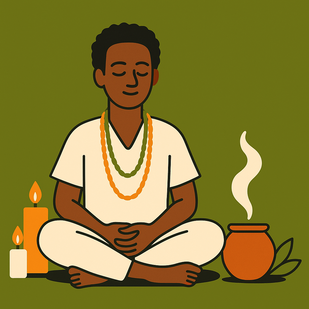 Persona iniciada en la herencia de las encrucijadas meditando