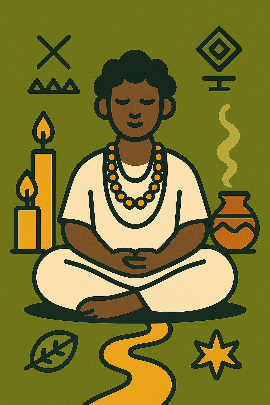 Persona afro-brasileña meditando entre velas, hierbas y símbolos orixás