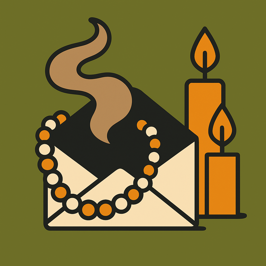 Ilustración flat de un sobre con humo sagrado y velas